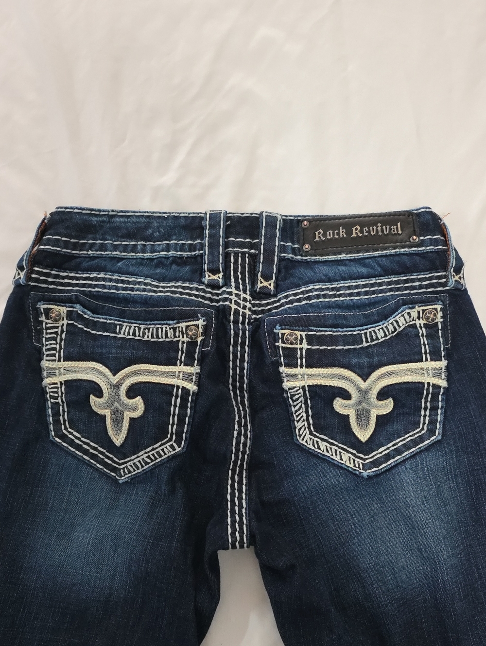 Rock Revival Dark Wash Cropped Jeans with White Contrast Stitching - Picture 9 of 10
